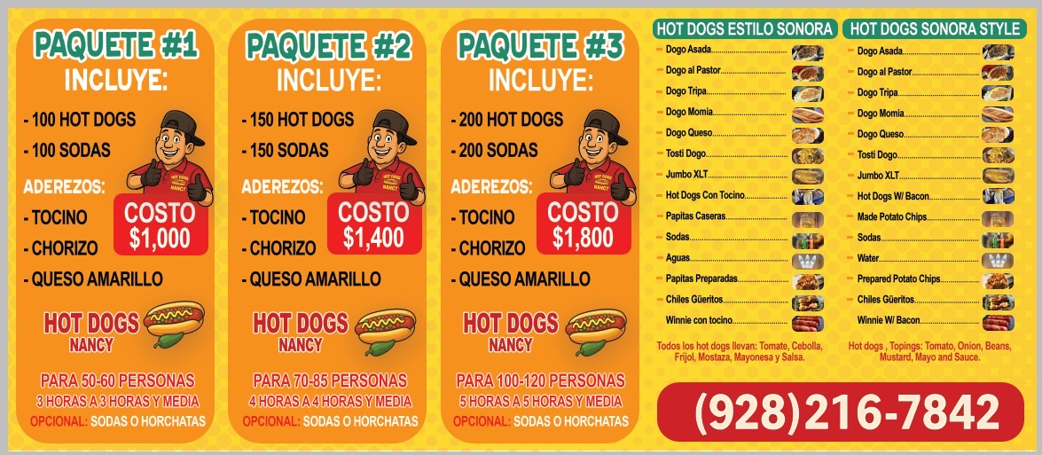 Hot Dogs Nancy party packages flyer